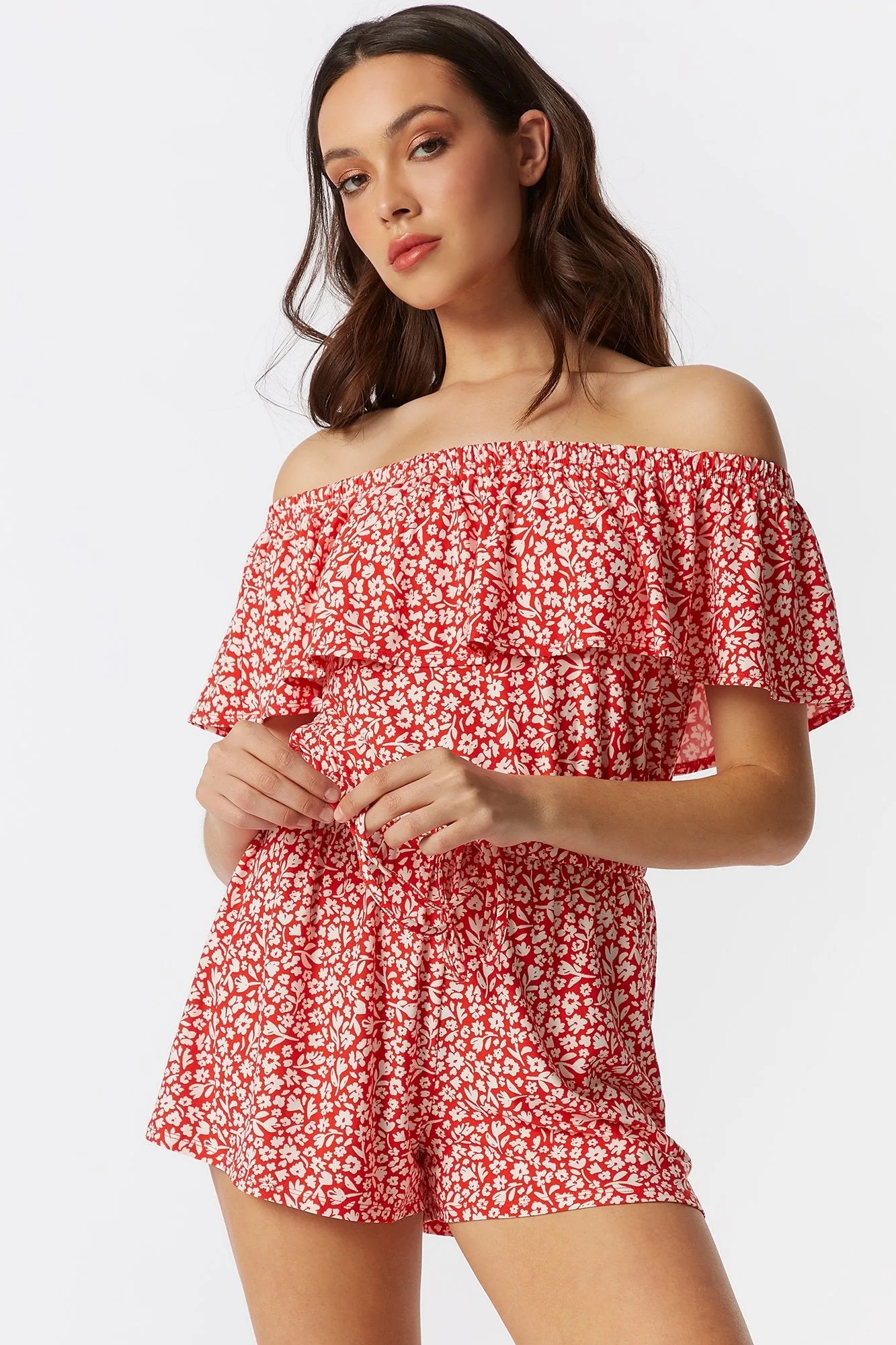 Soft Red Floral Ruffle Off The Shoulder Romper