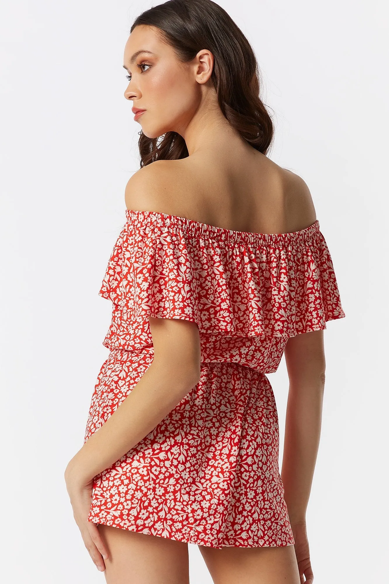 Soft Red Floral Ruffle Off The Shoulder Romper