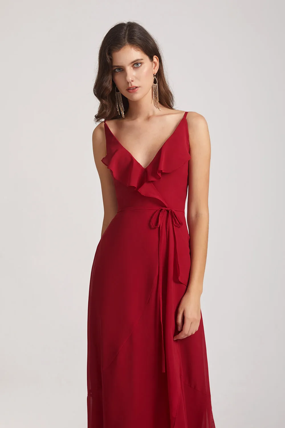 Spaghetti Straps Asymmetrical Frilled Wrap Bridesmaid Dresses (AF0142)