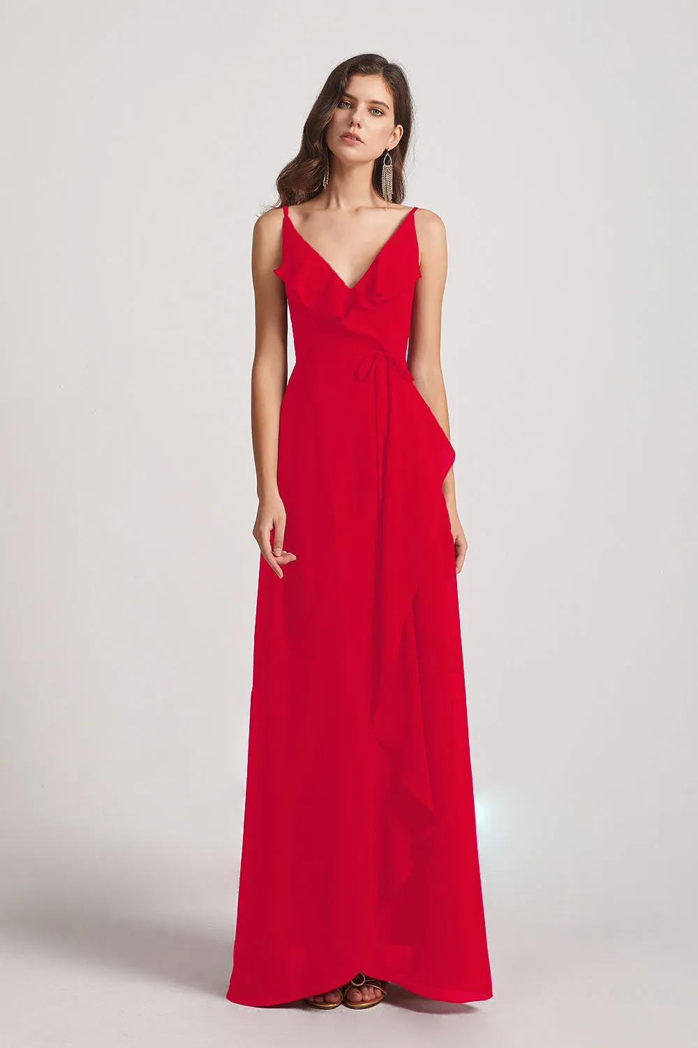 Spaghetti Straps Asymmetrical Frilled Wrap Bridesmaid Dresses (AF0142)