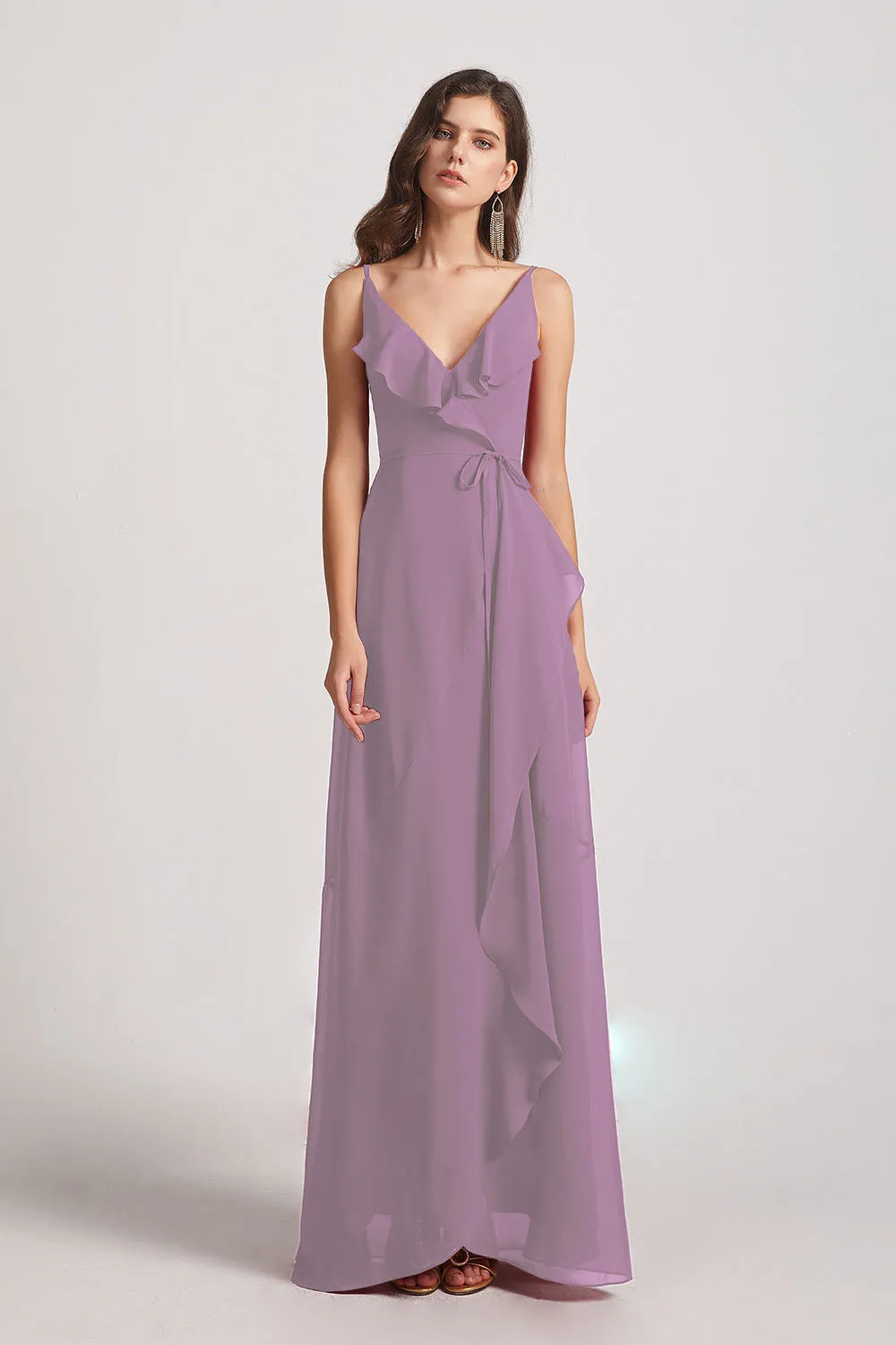 Spaghetti Straps Asymmetrical Frilled Wrap Bridesmaid Dresses (AF0142)