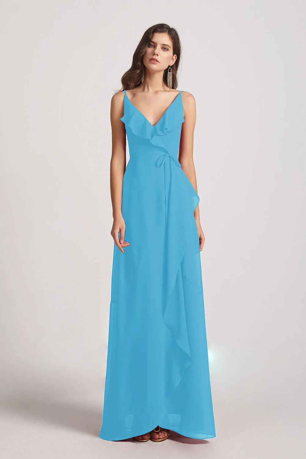 Spaghetti Straps Asymmetrical Frilled Wrap Bridesmaid Dresses (AF0142)