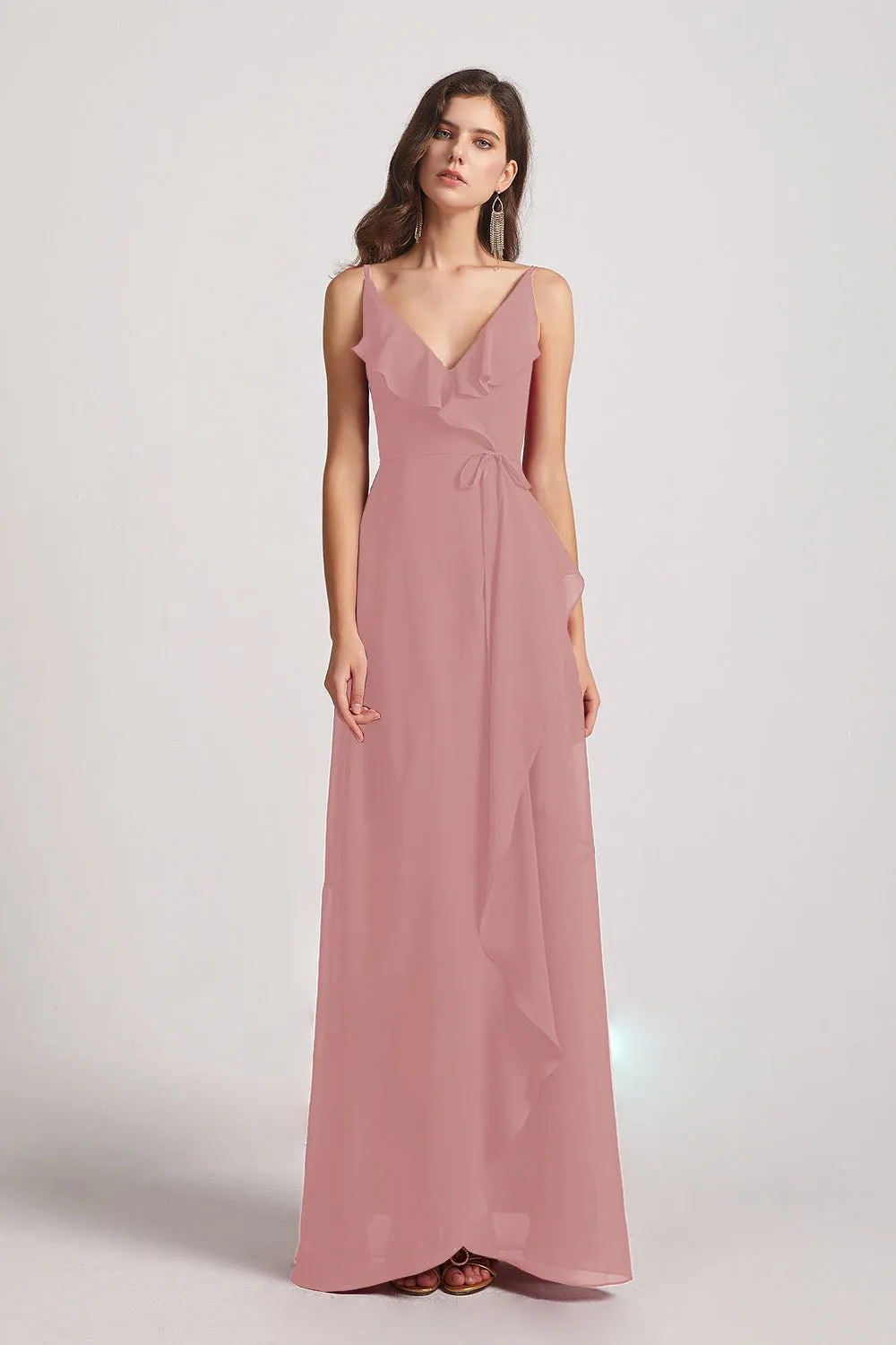 Spaghetti Straps Asymmetrical Frilled Wrap Bridesmaid Dresses (AF0142)