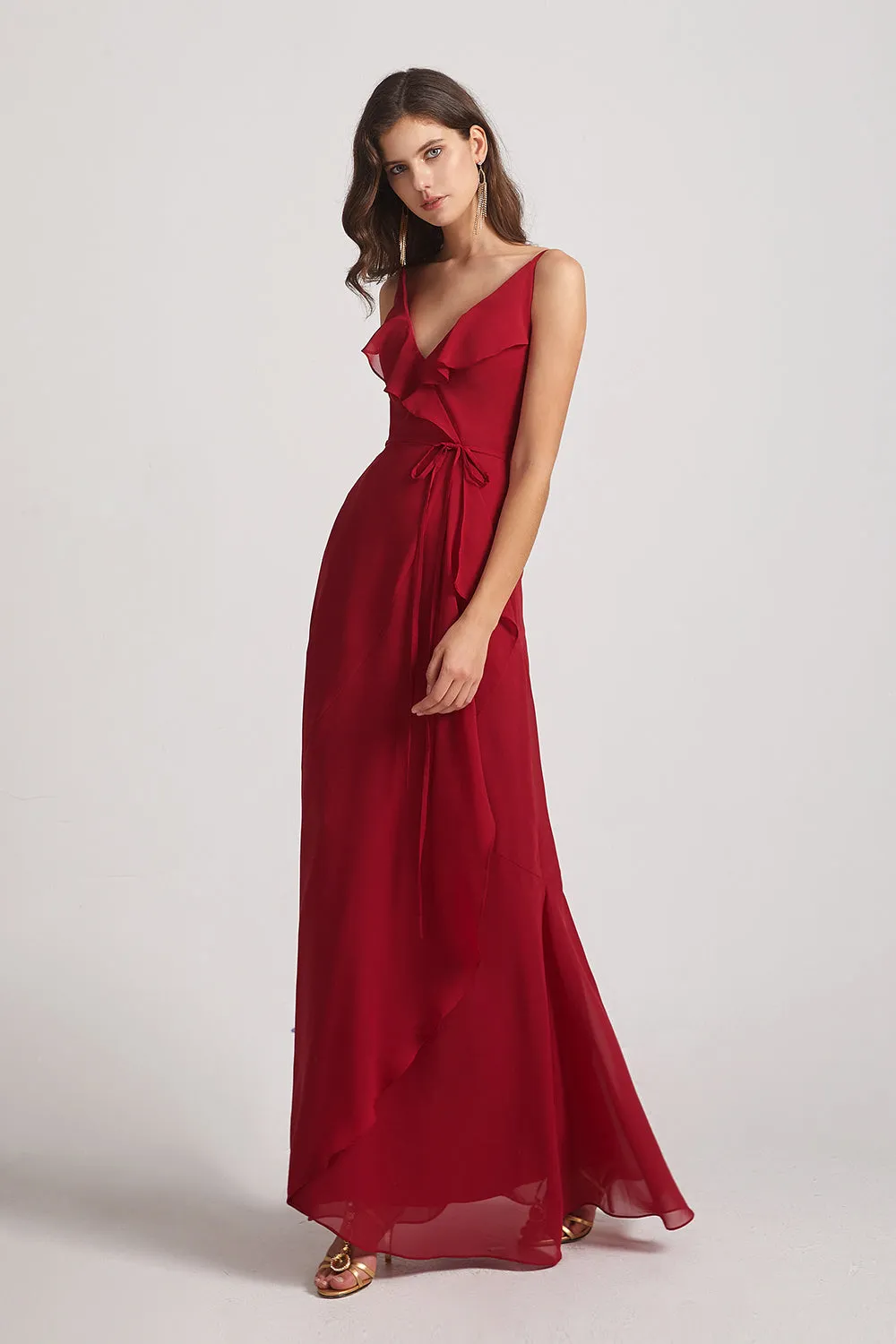 Spaghetti Straps Asymmetrical Frilled Wrap Bridesmaid Dresses (AF0142)