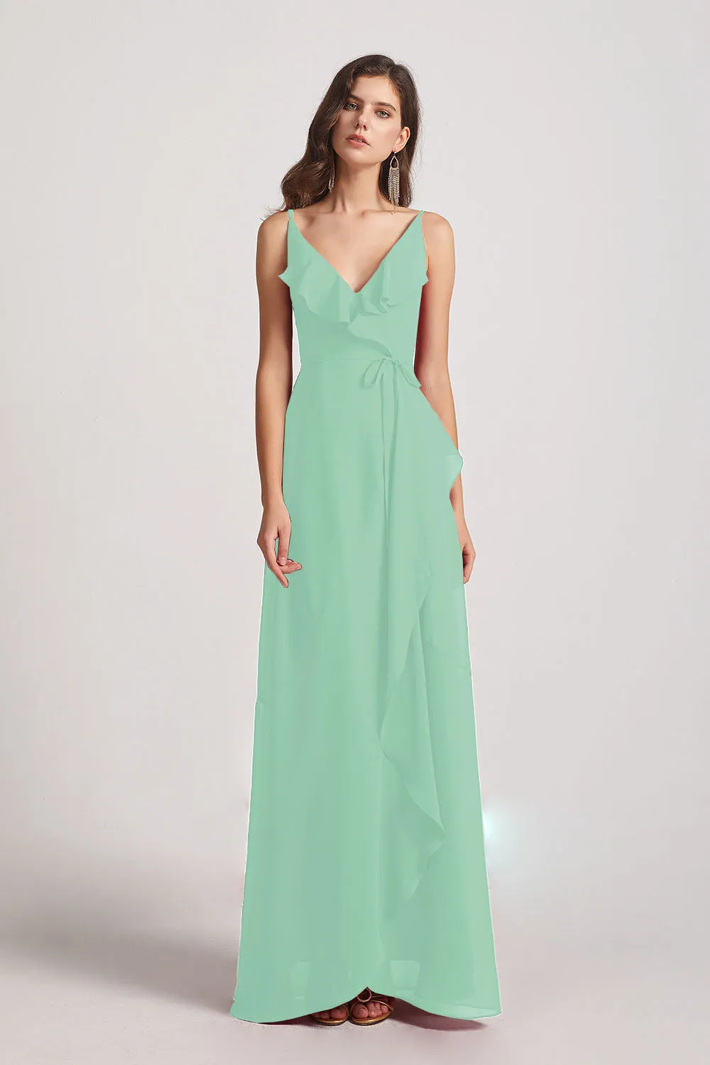 Spaghetti Straps Asymmetrical Frilled Wrap Bridesmaid Dresses (AF0142)