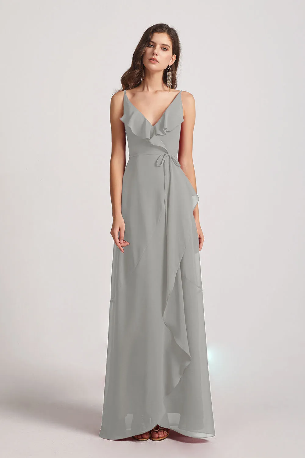 Spaghetti Straps Asymmetrical Frilled Wrap Bridesmaid Dresses (AF0142)