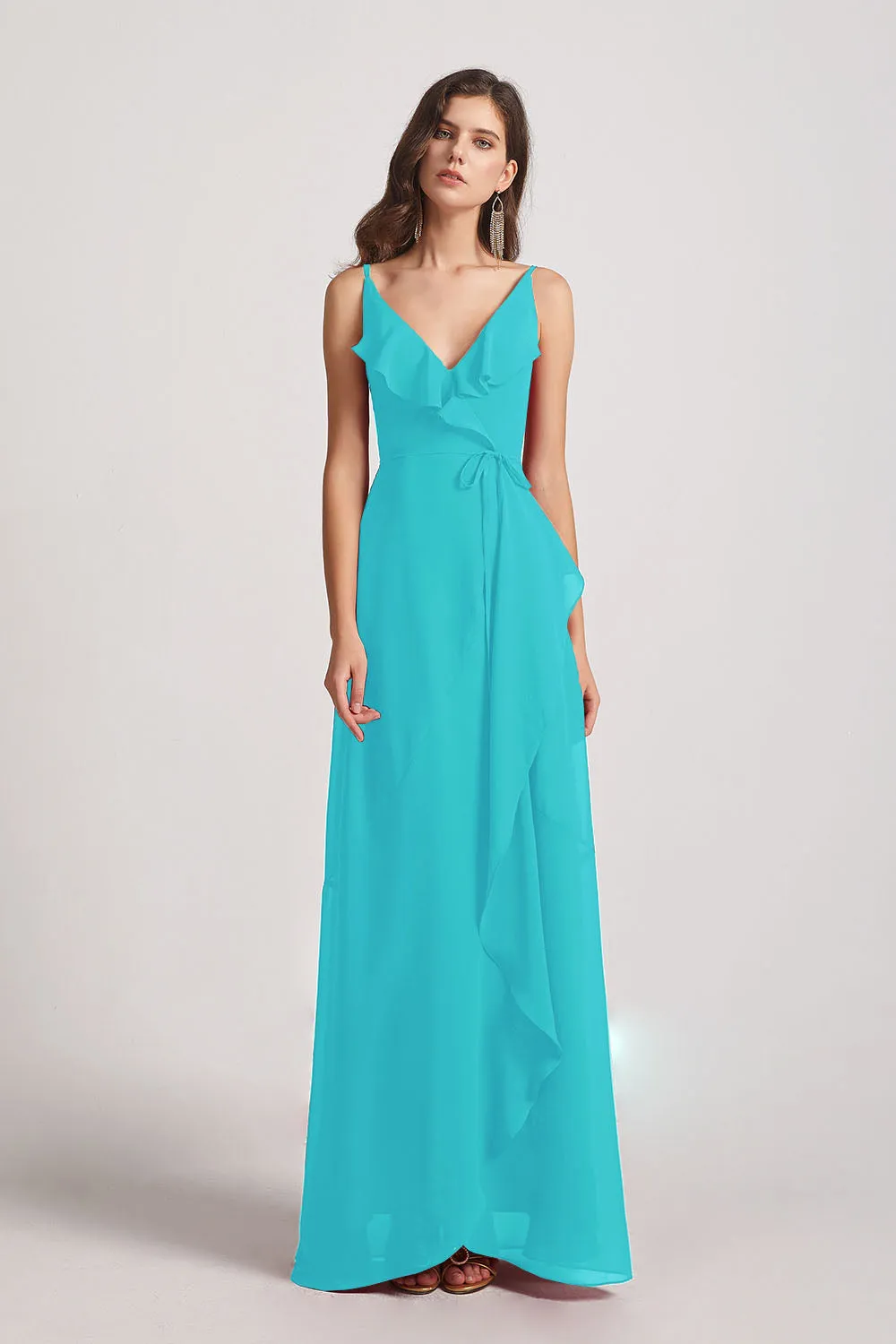 Spaghetti Straps Asymmetrical Frilled Wrap Bridesmaid Dresses (AF0142)