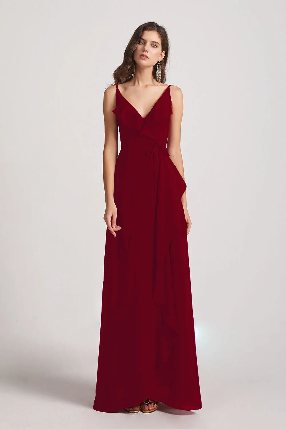 Spaghetti Straps Asymmetrical Frilled Wrap Bridesmaid Dresses (AF0142)