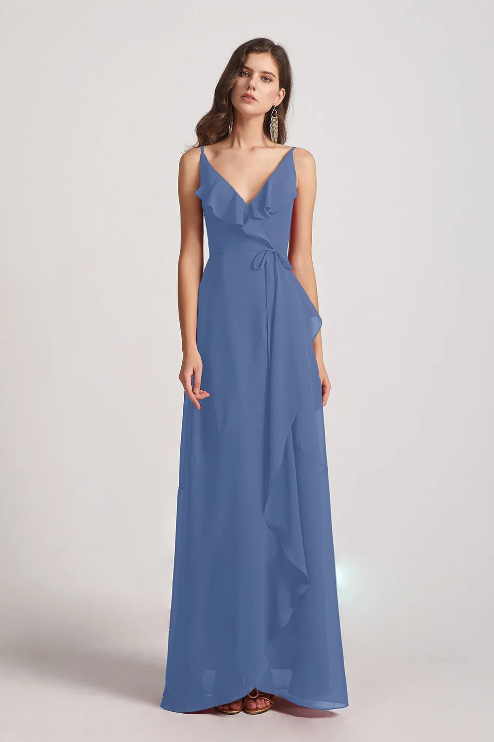 Spaghetti Straps Asymmetrical Frilled Wrap Bridesmaid Dresses (AF0142)