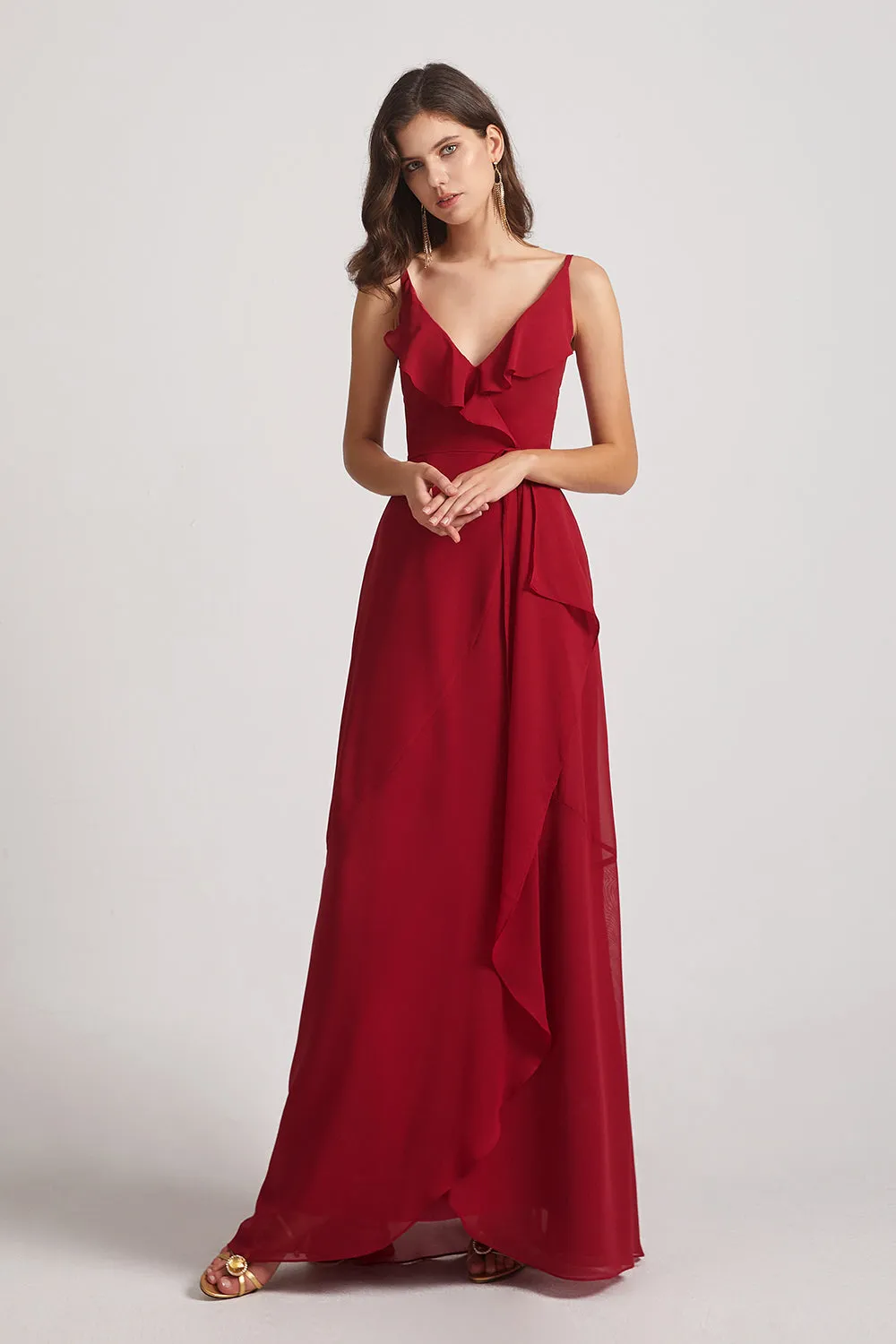 Spaghetti Straps Asymmetrical Frilled Wrap Bridesmaid Dresses (AF0142)