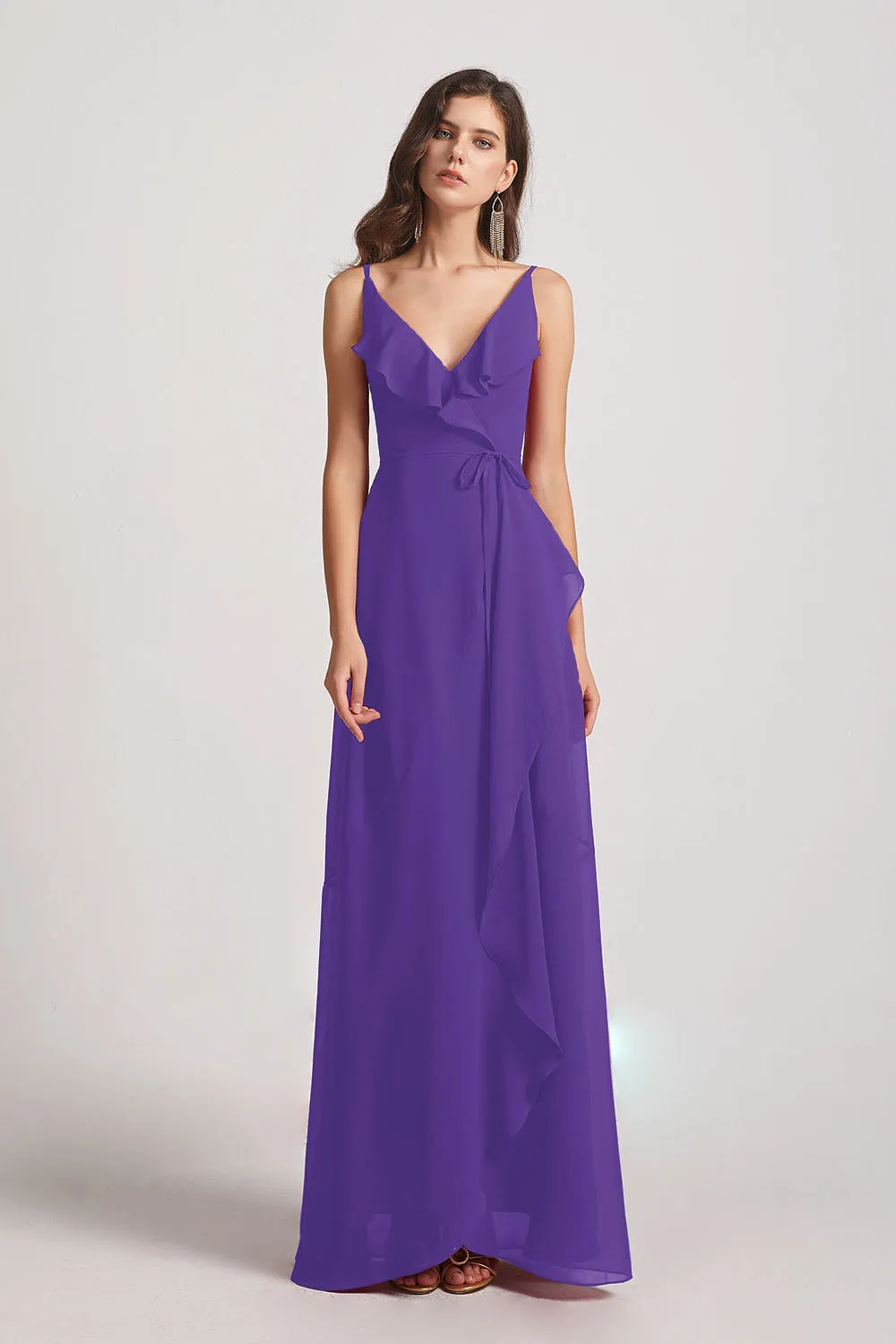 Spaghetti Straps Asymmetrical Frilled Wrap Bridesmaid Dresses (AF0142)