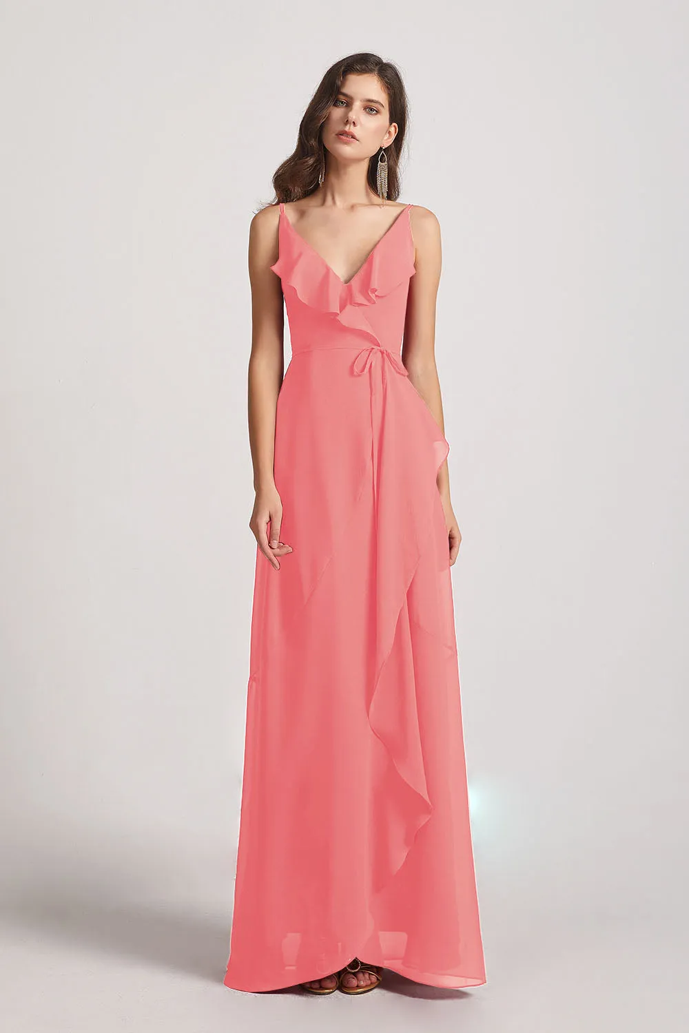 Spaghetti Straps Asymmetrical Frilled Wrap Bridesmaid Dresses (AF0142)