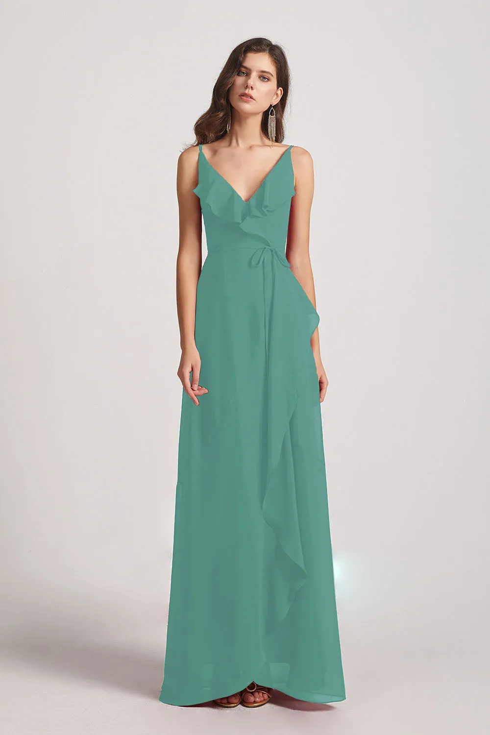 Spaghetti Straps Asymmetrical Frilled Wrap Bridesmaid Dresses (AF0142)