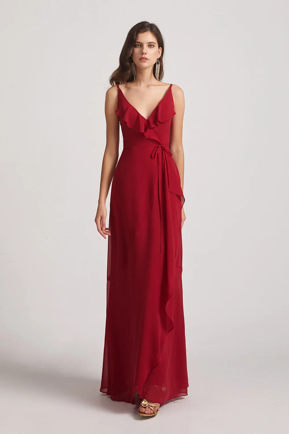 Spaghetti Straps Asymmetrical Frilled Wrap Bridesmaid Dresses (AF0142)