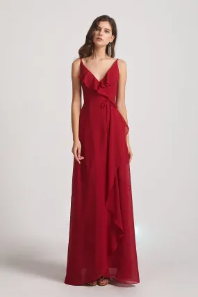 Spaghetti Straps Asymmetrical Frilled Wrap Bridesmaid Dresses (AF0142)