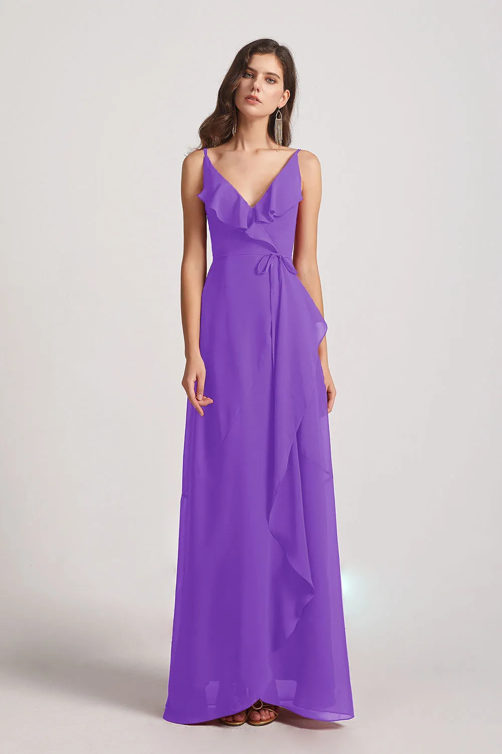 Spaghetti Straps Asymmetrical Frilled Wrap Bridesmaid Dresses (AF0142)