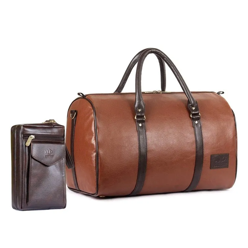 The Clownfish Combo of Browny 36 liters Faux Leather Travel Duffle Bag (Rust Brown) & The Clownfish Multipurpose Travel Pouch Money Pouch with Front Mobile Pocket (Dark Brown)