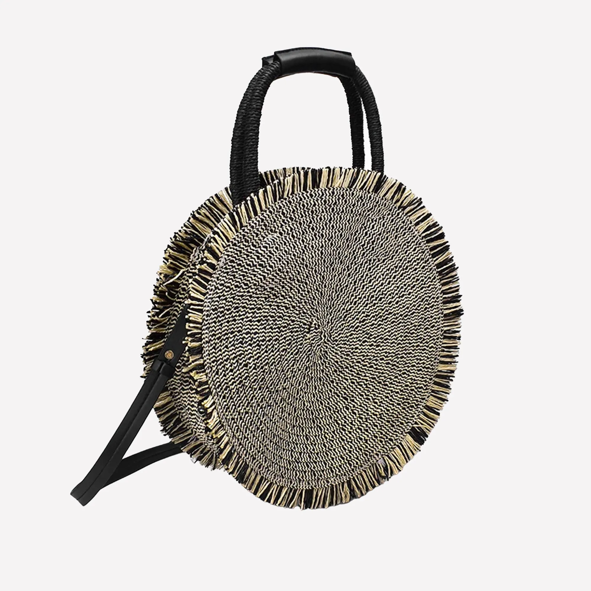 Trendsetting Fringed Round Woven Straw Beach Bag