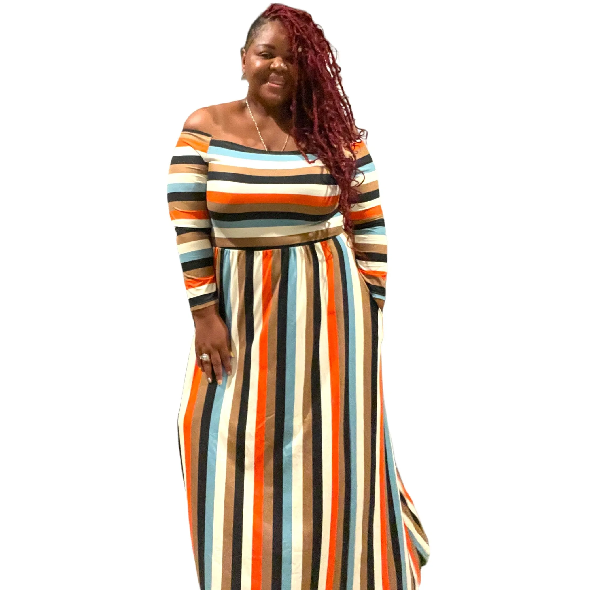 Women’ s Plus Size Off The Shoulder Striped Maxi Dress