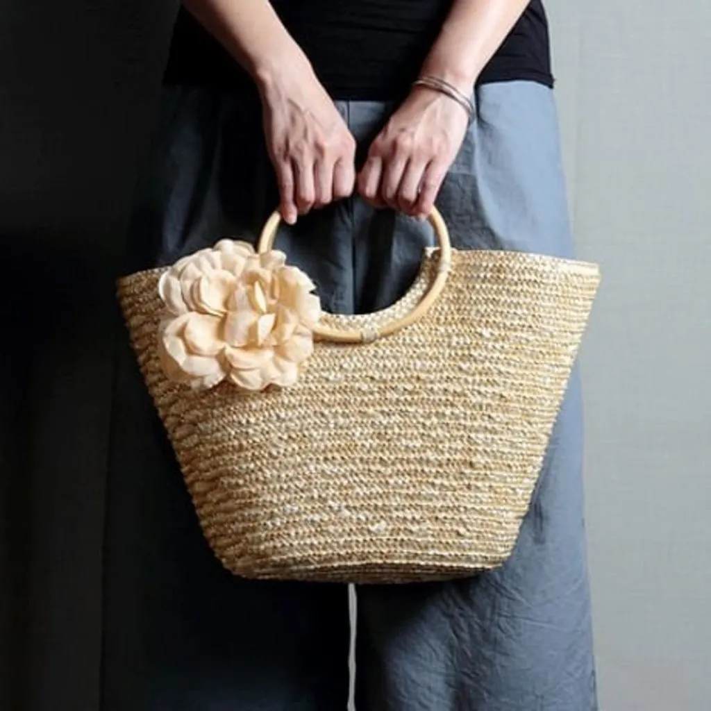 Woven Straw Totebag with Flowers